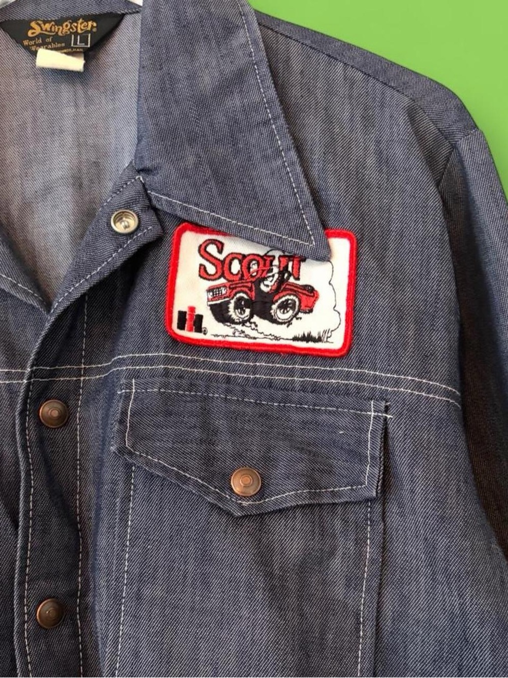 1970s Vintage Swingsters Denim Dagger Collar Patch Shirt